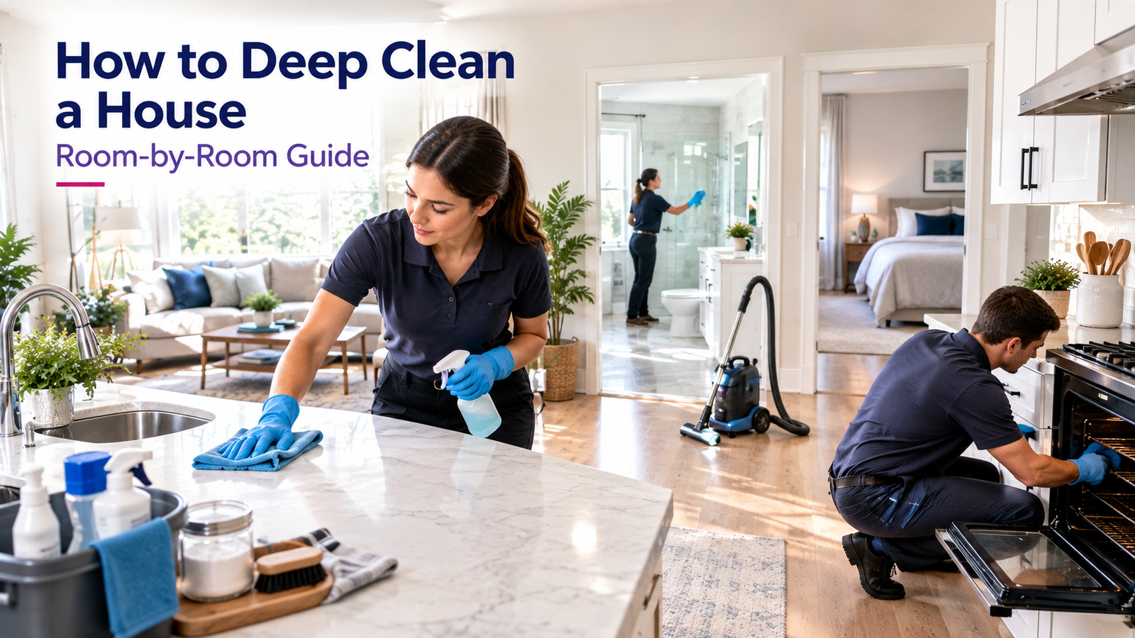 Room-by-room deep cleaning guide covering essential tasks for a thoroughly cleaned home.